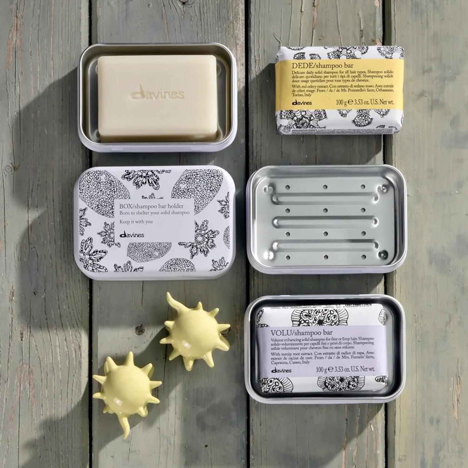 imageDavines Cleansing Bar Solid Cleansing Shampoo Bar Body Wash Bar Packed in 100 FSC Paper Wrapper Recyclable and Aluminium Case HolderAluminium Bar Case